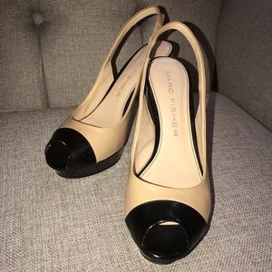 Marc Fisher camel and black peep toe sling heel
